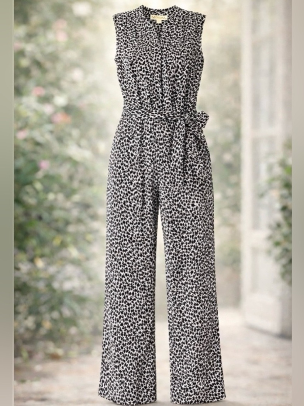 Michael Kors Black and White Leopard Print Sleeveless Wide-Leg Jumpsuit